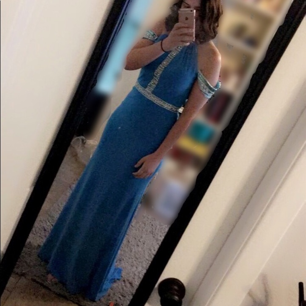 Sherri Hill Blue One-Shoulder Prom Dress with Jeweled Trim